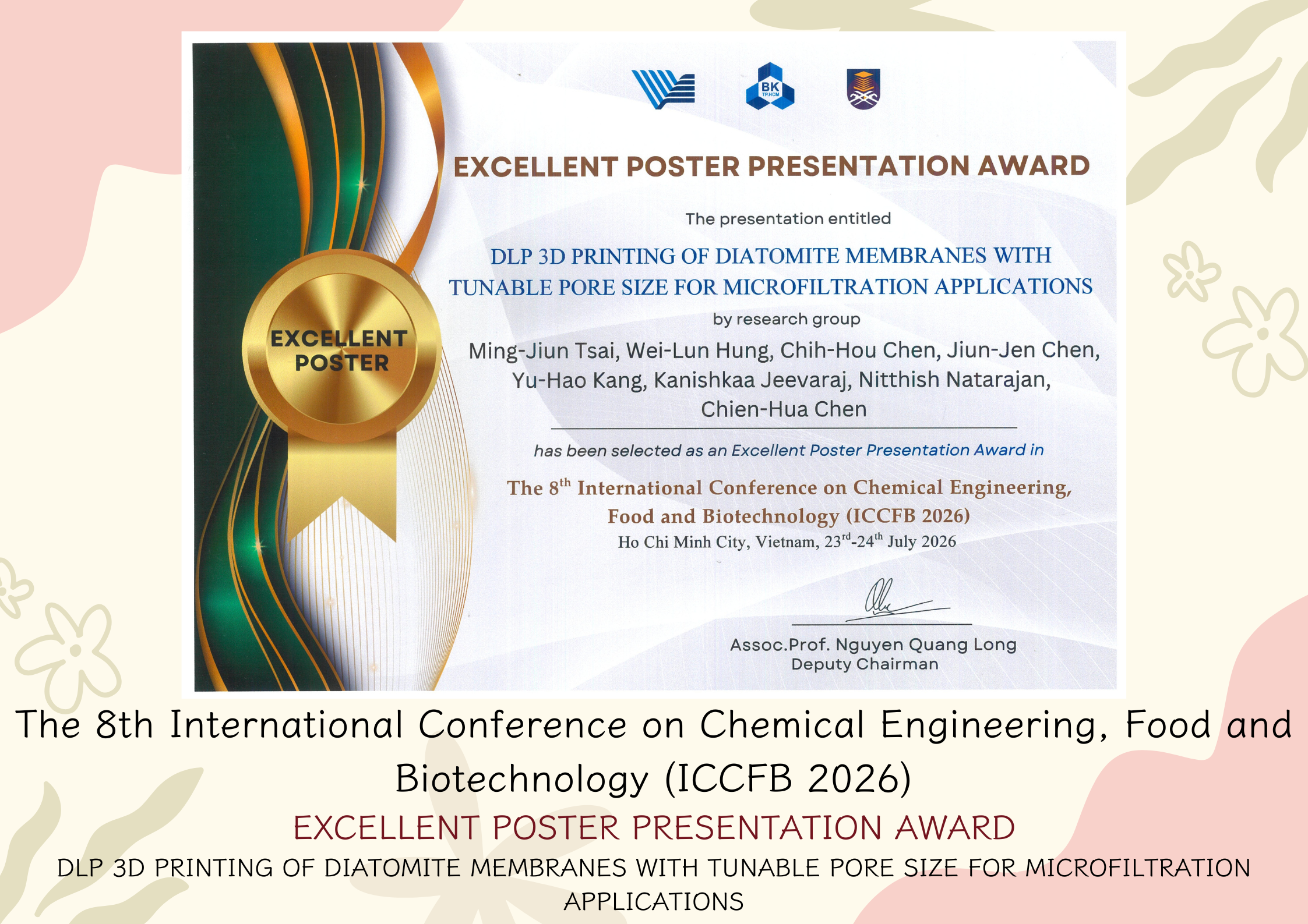 The 8th International Conference on Chemical Engineering, Food and Biotechnology (ICCFB 2026) EXCELLENT POSTER PRESENTATION AWARD